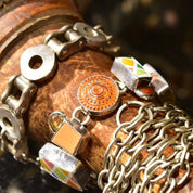 Retro 'Echo Of The Dreamer' Sterling Silver Orange Enamel Charm Bracelet, Chunky Color Link Bracelet, Gemstone Accents, Toggle Clasp, 8 1/2"