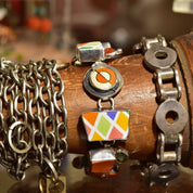 Retro 'Echo Of The Dreamer' Sterling Silver Orange Enamel Charm Bracelet, Chunky Color Link Bracelet, Gemstone Accents, Toggle Clasp, 8 1/2"