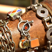Retro 'Echo Of The Dreamer' Sterling Silver Orange Enamel Charm Bracelet, Chunky Color Link Bracelet, Gemstone Accents, Toggle Clasp, 8 1/2"