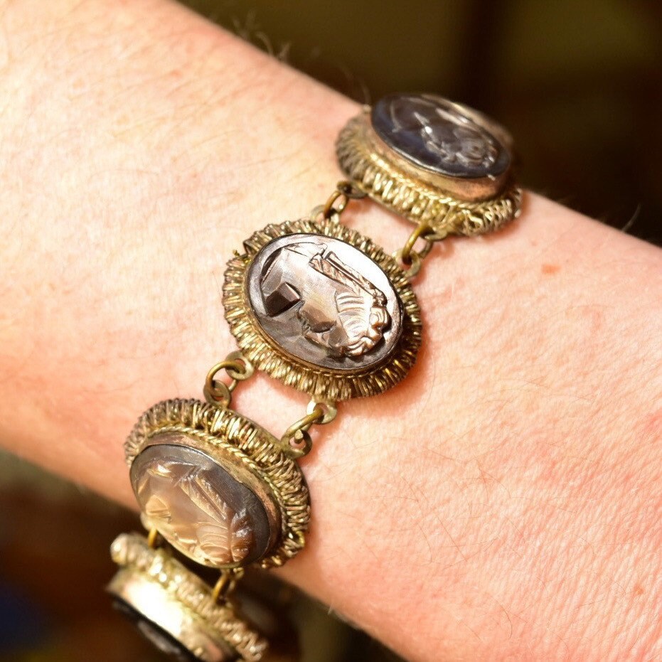 Italian 800 Silver Abalone Cameo Link Bracelet, Hand Carved Classic Relief Lady's Cameo, Sparkling Wire Wrap Settings, 7 1/2"