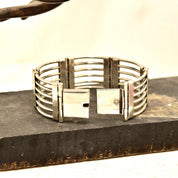 Modernist Sterling Silver Gate Link Bracelet, Wide Chunky 925 Cutout Panel Cuff, Taxco Jewelry, 7 3/4" L