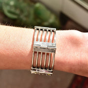 Modernist Sterling Silver Gate Link Bracelet, Wide Chunky 925 Cutout Panel Cuff, Taxco Jewelry, 7 3/4" L