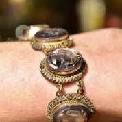 Italian 800 Silver Abalone Cameo Link Bracelet, Hand Carved Classic Relief Lady's Cameo, Sparkling Wire Wrap Settings, 7 1/2"