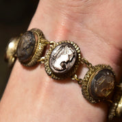 Italian 800 Silver Abalone Cameo Link Bracelet, Hand Carved Classic Relief Lady's Cameo, Sparkling Wire Wrap Settings, 7 1/2"