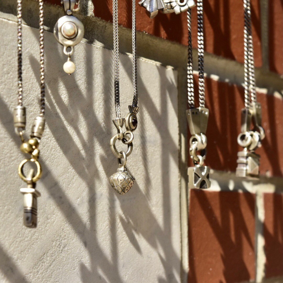 Lisa Jenks 90's Sterling Silver Pendant Necklaces, Curio Charm Chain Necklaces, Modernist Jewelry,