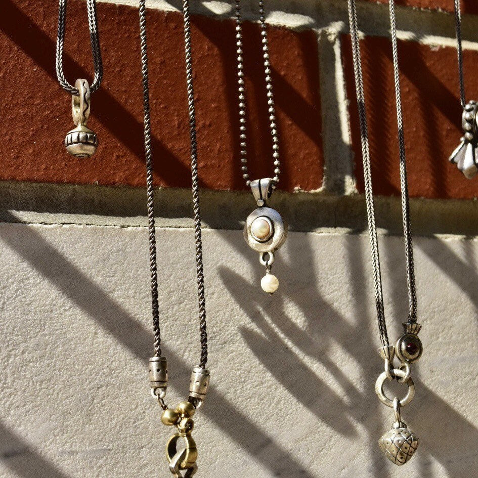 Lisa Jenks 90's Sterling Silver Pendant Necklaces, Curio Charm Chain Necklaces, Modernist Jewelry,