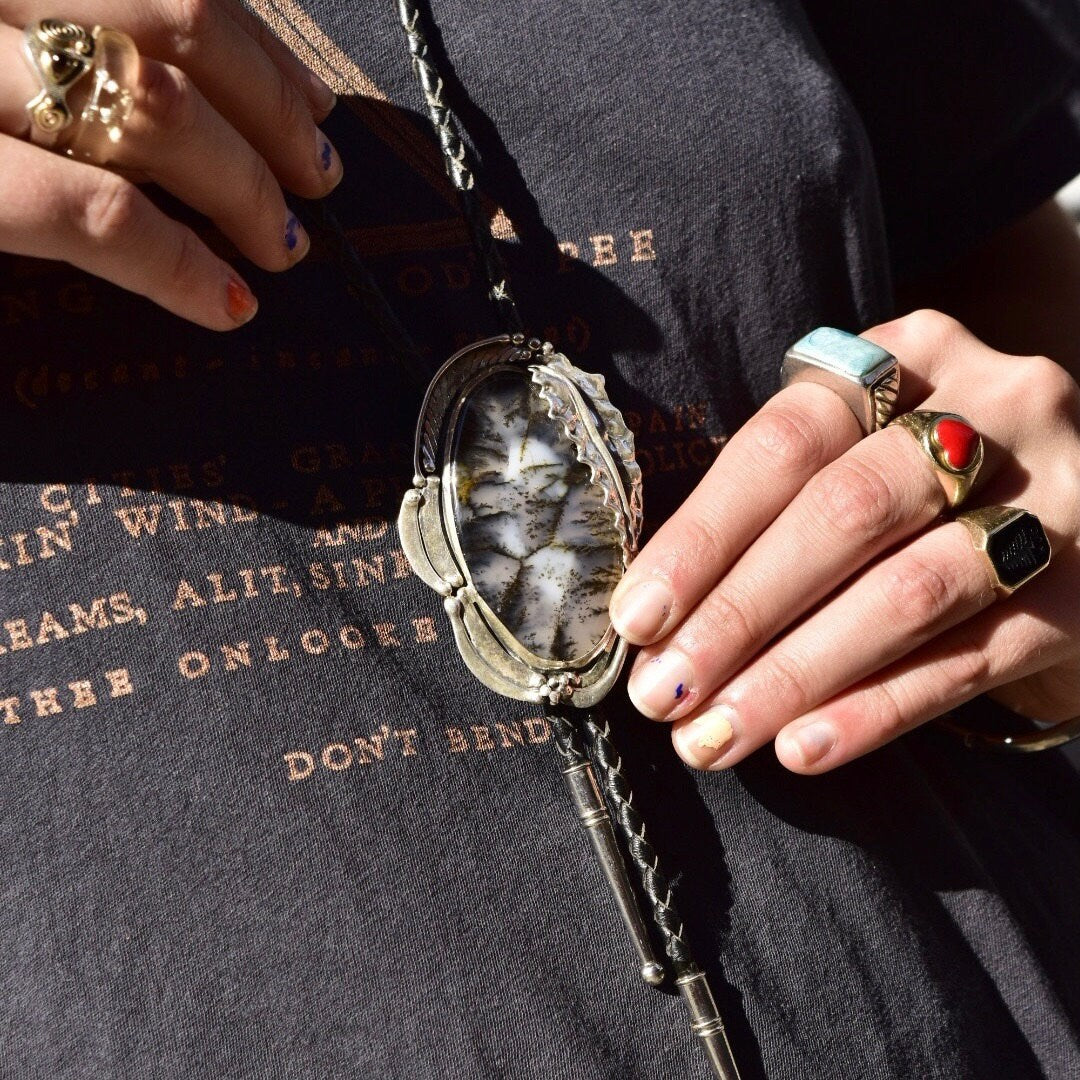 Vintage Sterling Silver Moss Agate Bolo Tie, Stand Sterling Bolo Tie, Moss Agate Cabochon, 20.75" L