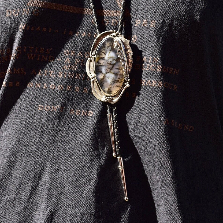 Vintage Sterling Silver Moss Agate Bolo Tie, Stand Sterling Bolo Tie, Moss Agate Cabochon, 20.75" L