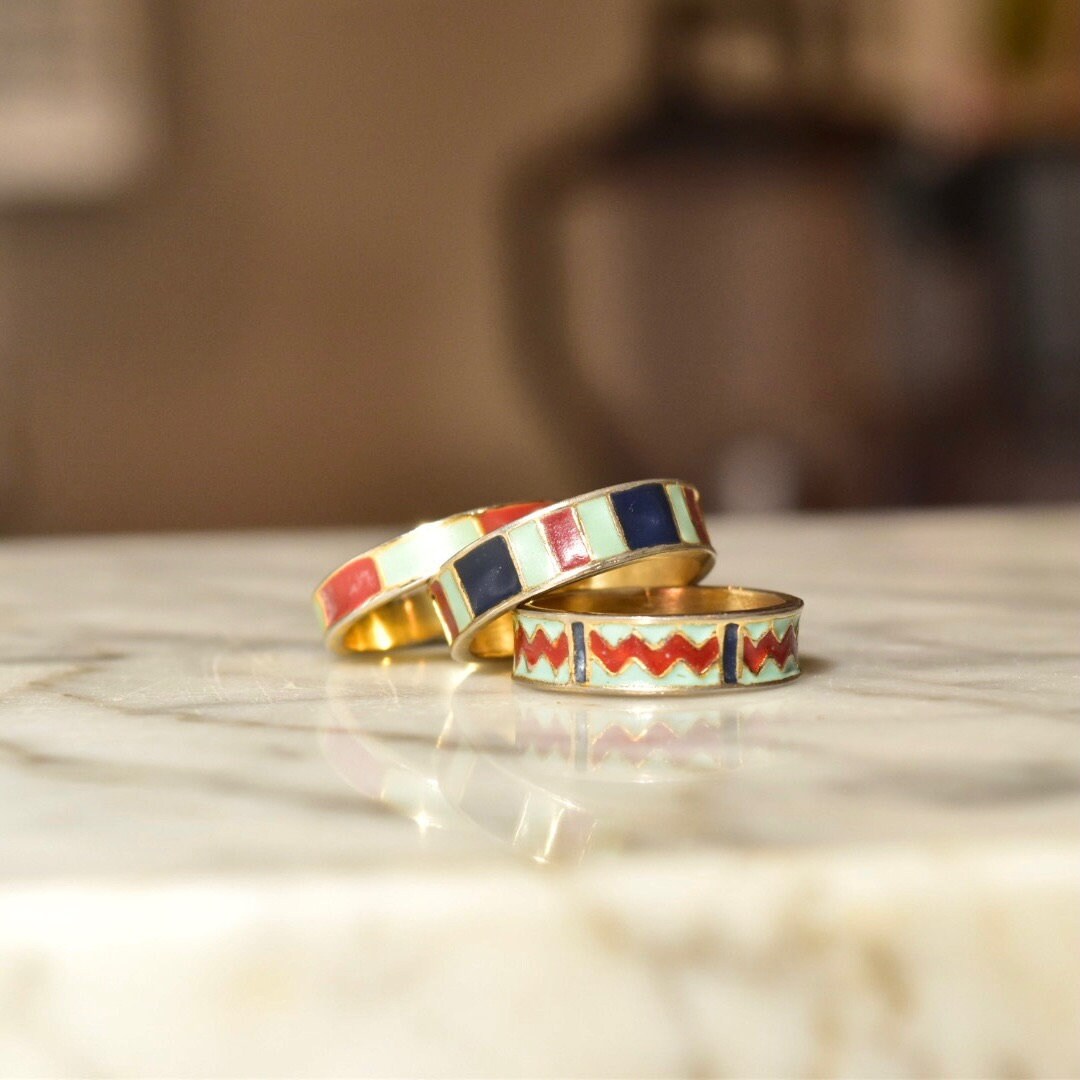 Vintage Gold Plated Sterling Silver Enamel Ring Set, Stackable Rings, Gold-Tone Enamel Band Ring, Size 6.5 US
