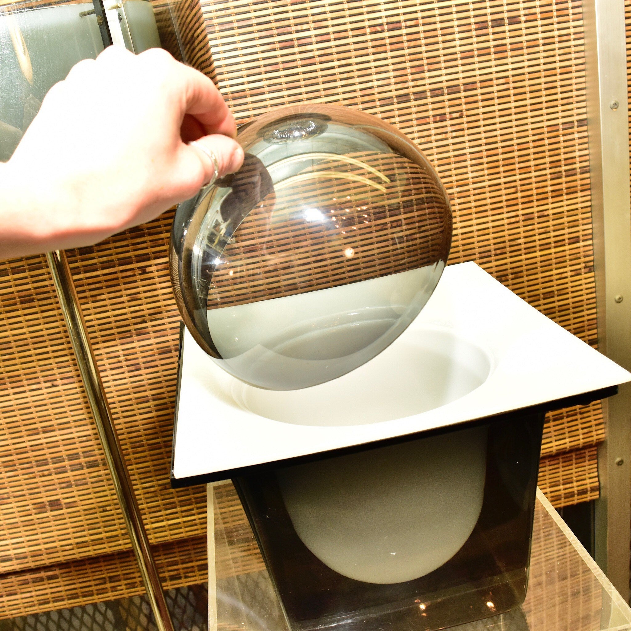Vintage Space Age Dome Lid Acrylic Lucite Ice Bucket/Food Server, 3-Piece B&W Decorative Container, 1960's Collectible Barware, 11" H