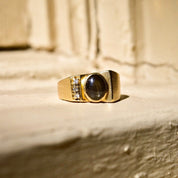 Modernist 10K Black Star Sapphire Diamond Accent Ring, Asymmetric Design, Satin Gold Finish, 9 1/4 US