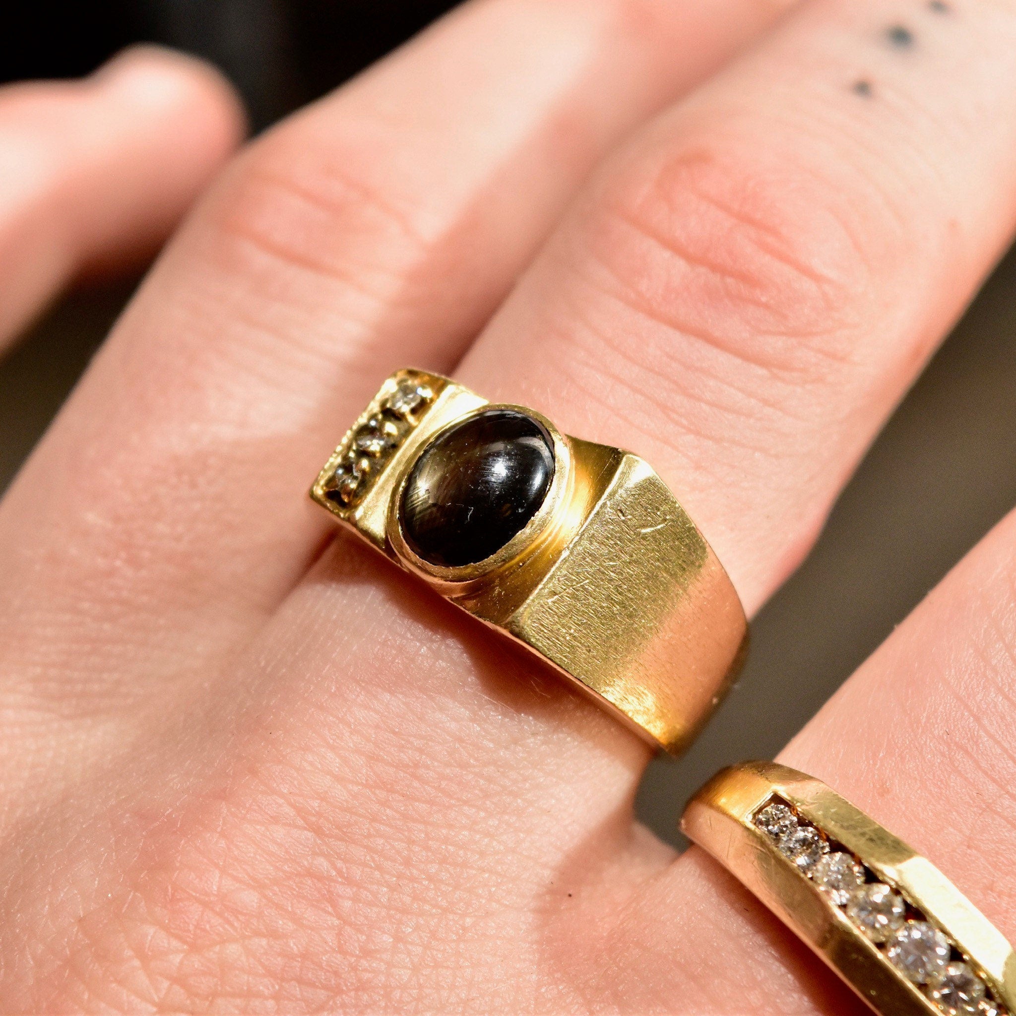 Modernist 10K Black Star Sapphire Diamond Accent Ring, Asymmetric Design, Satin Gold Finish, 9 1/4 US