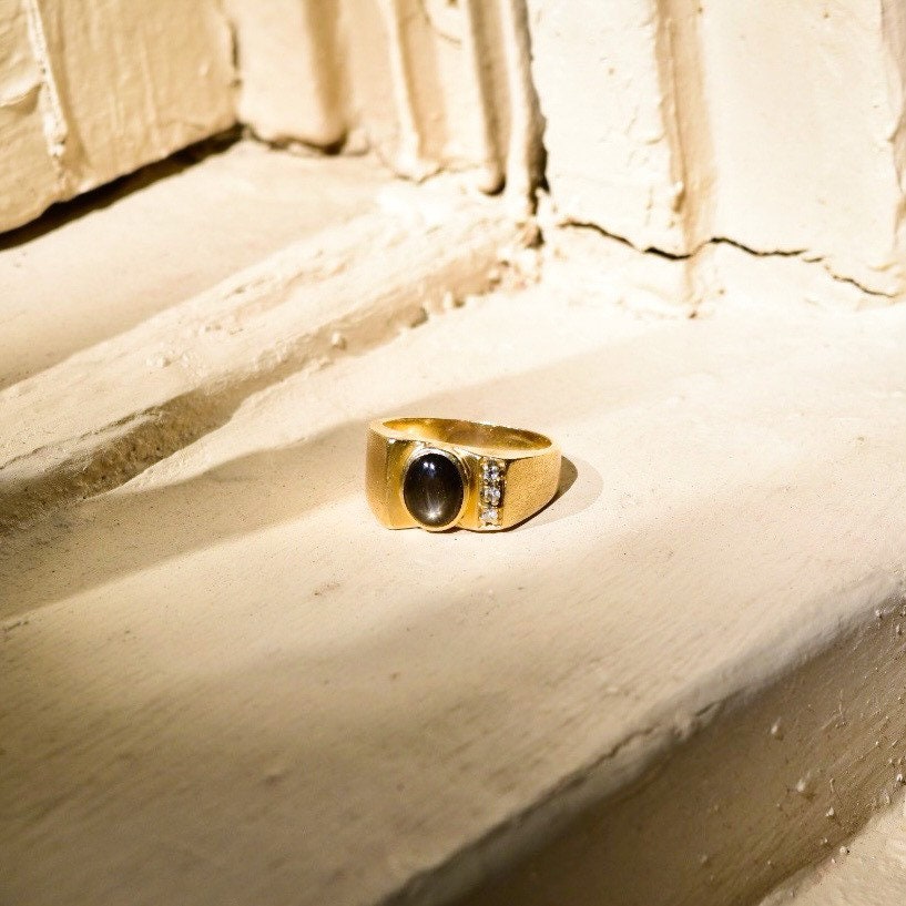 Modernist 10K Black Star Sapphire Diamond Accent Ring, Asymmetric Design, Satin Gold Finish, 9 1/4 US