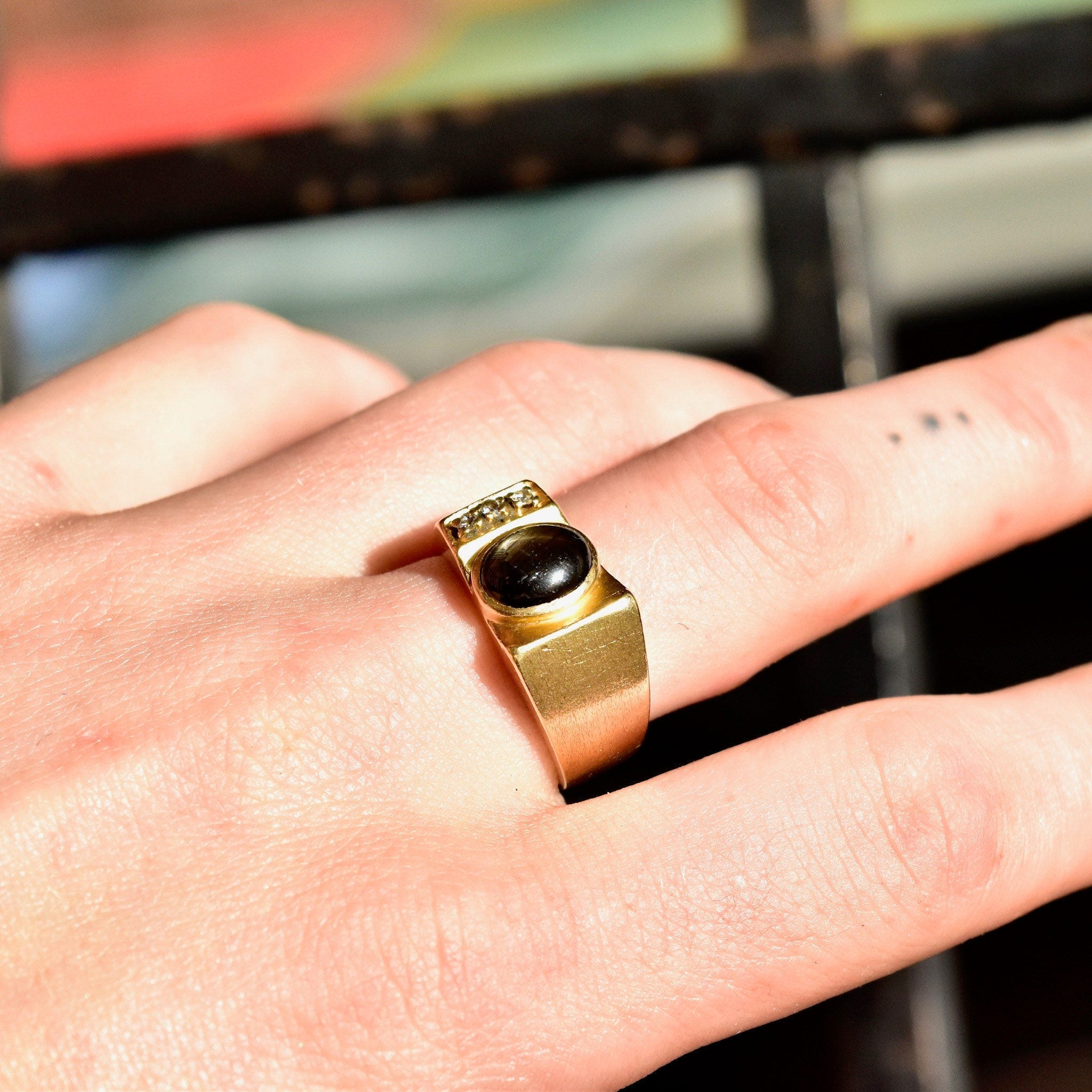 Modernist 10K Black Star Sapphire Diamond Accent Ring, Asymmetric Design, Satin Gold Finish, 9 1/4 US
