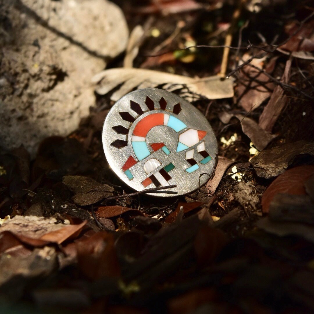 Vintage Signed Fred & Lolita Natachu Zuni Native American Multi-Stone Inlay Rainbow Man Ring, Silver, Mother of Pearl, Jet, Coral, Turquoise