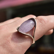 Vintage Silver Rose Quartz Cabochon Ring, Bohemian Silver Band, Artisan Gemstone Jewelry, Size 9 1/4 US