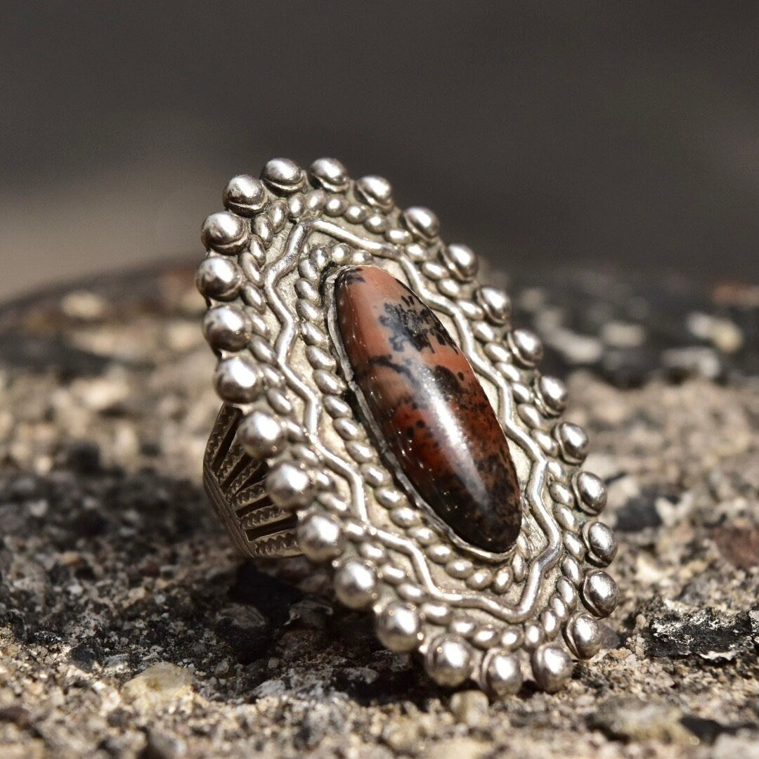Vintage Sterling Silver Stromatolite, Long Silver Ring With Oval Stone Cabochon, Embellished Gemstone Ring, Size 7 US