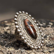 Vintage Sterling Silver Stromatolite, Long Silver Ring With Oval Stone Cabochon, Embellished Gemstone Ring, Size 7 US
