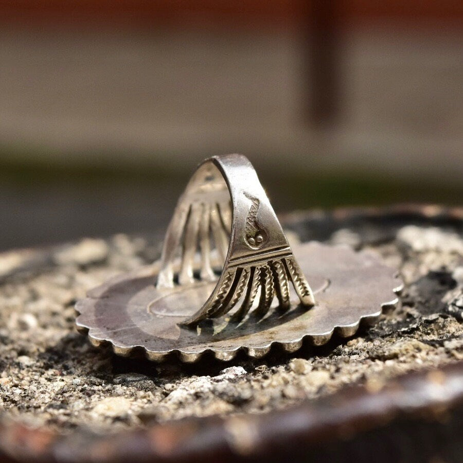 Vintage Sterling Silver Stromatolite, Long Silver Ring With Oval Stone Cabochon, Embellished Gemstone Ring, Size 7 US