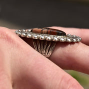 Vintage Sterling Silver Stromatolite, Long Silver Ring With Oval Stone Cabochon, Embellished Gemstone Ring, Size 7 US