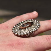 Vintage Sterling Silver Stromatolite, Long Silver Ring With Oval Stone Cabochon, Embellished Gemstone Ring, Size 7 US