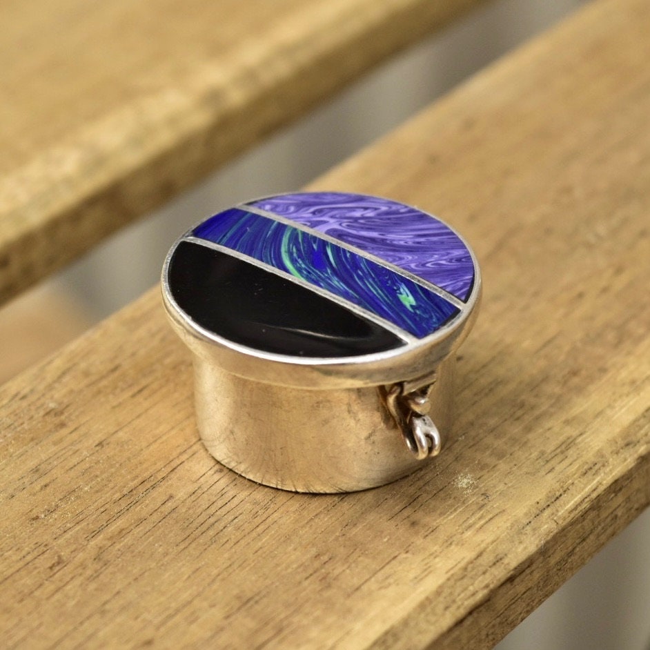 Vintage TAXCO Sterling Silver Multi-Stone Inlay Pill Box, Colorful Gemstone Lid, Black Onyx, Azurite Malachite, and Purple Agate, 26mm