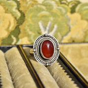 Vintage Bohemian Sterling Silver Carnelian Cabochon Ring, Woven Silver Setting, 925 Statement Ring, Size 6 3/4 US