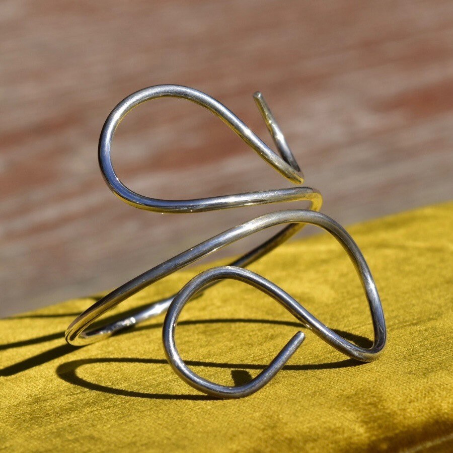 Vintage MMA Sterling Silver Wire Wrap Cuff Bracelet, Minimalist Solid Silver Swirl Cuff, 925 Bohemian Jewelry, Adjustable, 7 1/2"