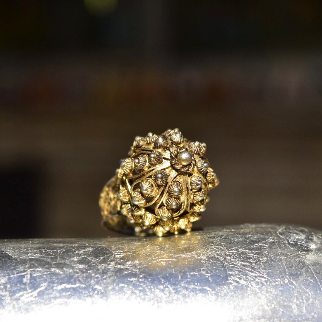 Antique 800 Gilt Silver Cannetille Filigree Dome Ring, Stunning High Set Beaded Floral Ring, Middle Eastern, Size 9 1/4 US