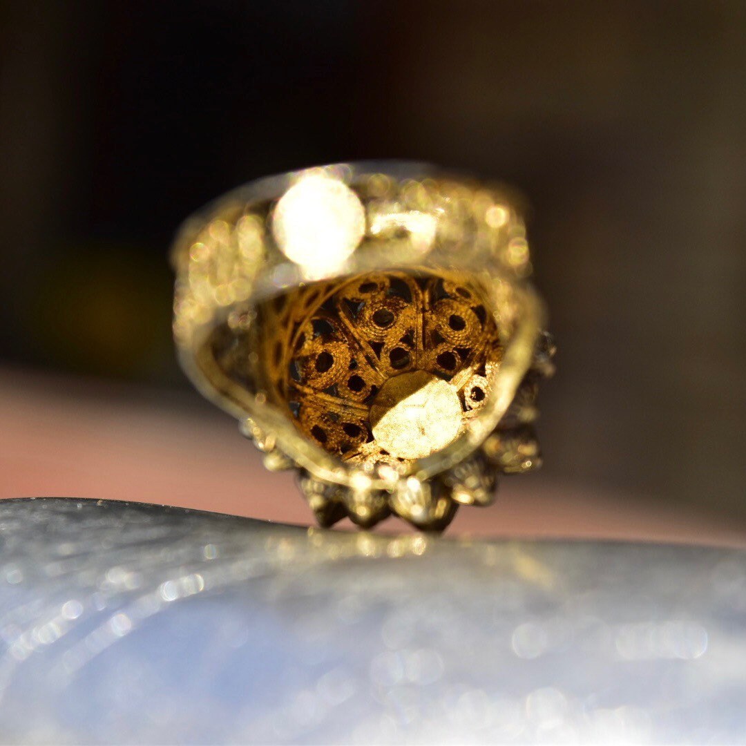 Antique 800 Gilt Silver Cannetille Filigree Dome Ring, Stunning High Set Beaded Floral Ring, Middle Eastern, Size 9 1/4 US