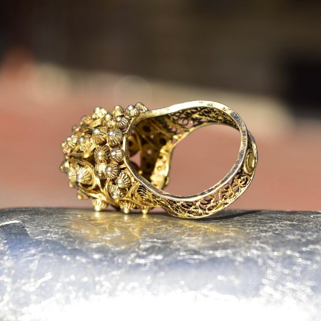 Antique 800 Gilt Silver Cannetille Filigree Dome Ring, Stunning High Set Beaded Floral Ring, Middle Eastern, Size 9 1/4 US
