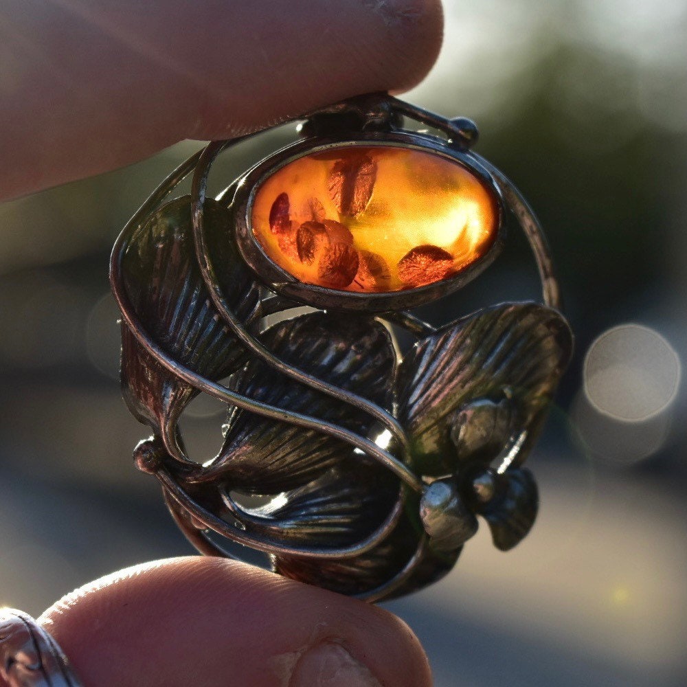 Antique French Art Nouveau Sterling Silver Amber Brooch Pin, Floral Motifs, Polished Amber Cabochon,