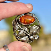 Antique French Art Nouveau Sterling Silver Amber Brooch Pin, Floral Motifs, Polished Amber Cabochon,
