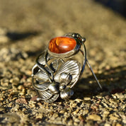Antique French Art Nouveau Sterling Silver Amber Brooch Pin, Floral Motifs, Polished Amber Cabochon,