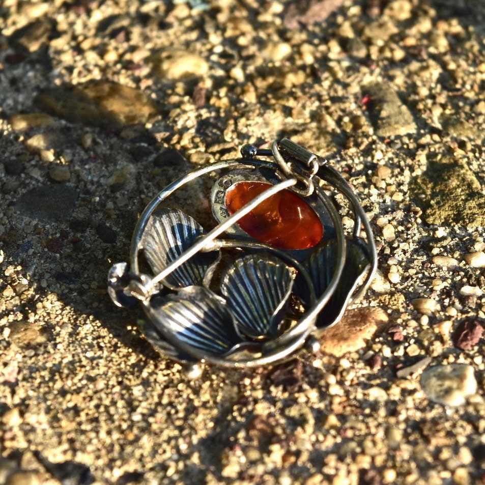 Antique French Art Nouveau Sterling Silver Amber Brooch Pin, Floral Motifs, Polished Amber Cabochon,