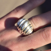 Vintage TAXCO Ribbed Sterling Silver Bombe Ring, Modernist Wavy Scalloped Dome Ring, 925 Mexico, Size 7 1/4 US
