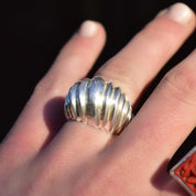 Vintage TAXCO Ribbed Sterling Silver Bombe Ring, Modernist Wavy Scalloped Dome Ring, 925 Mexico, Size 7 1/4 US