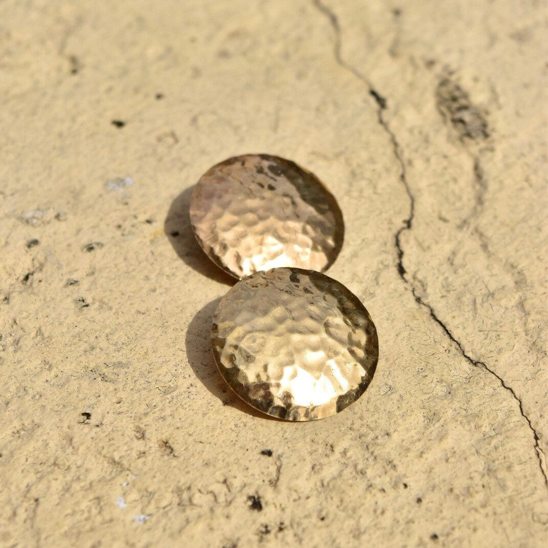 Vintage Modernist 14K Yellow Gold Hammered Disc Earrings, Round Crinkle Stud Earrings, Liquid Metal, , 1 7/8" L