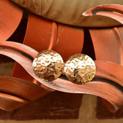 Vintage Modernist 14K Yellow Gold Hammered Disc Earrings, Round Crinkle Stud Earrings, Liquid Metal, , 1 7/8" L