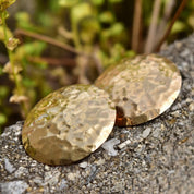 Vintage Modernist 14K Yellow Gold Hammered Disc Earrings, Round Crinkle Stud Earrings, Liquid Metal, , 1 7/8" L