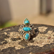 Vintage Silver Triple Turquoise Ring, Elongated Gemstone Ring, Turquoise Ring, Size 5 3/4 US
