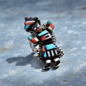 Vintage Signed GN Zuni Native American Rainbow Man Ring, Colorful Multi-Stone Inlay, Protective Symbol, Size 7 3/4 US