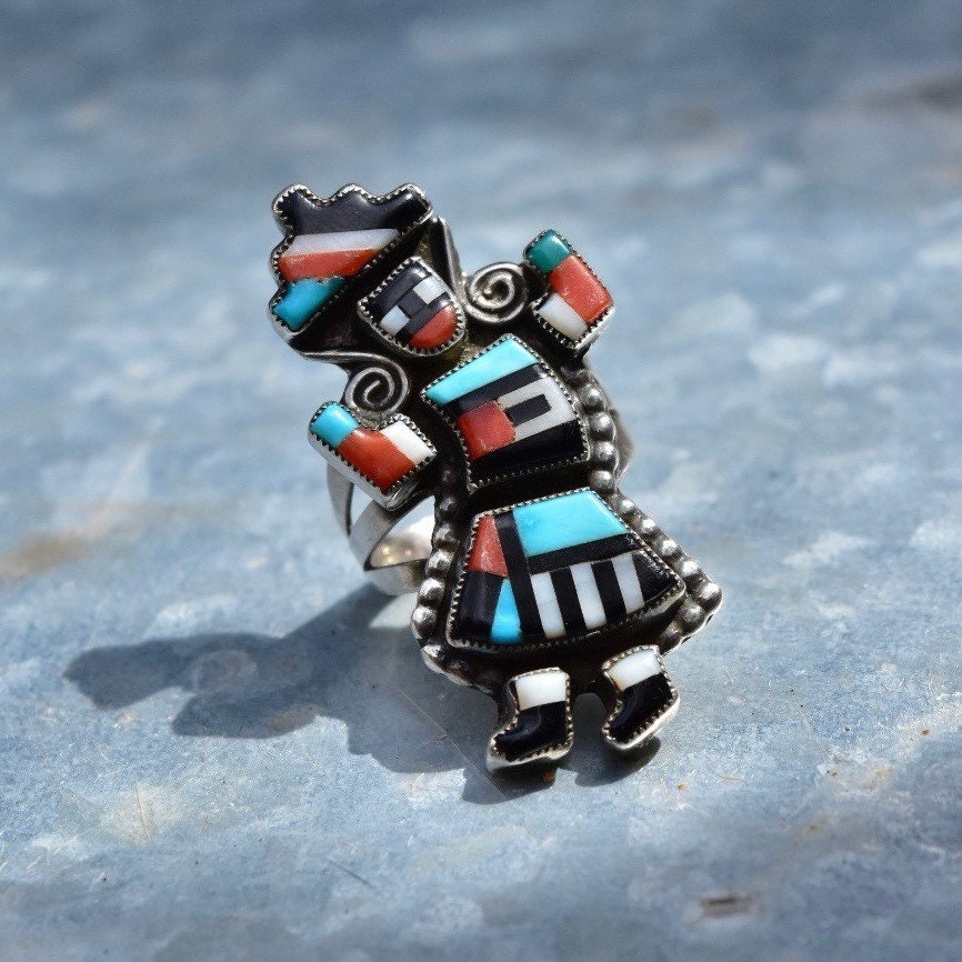 Vintage Signed GN Zuni Native American Rainbow Man Ring, Colorful Multi-Stone Inlay, Protective Symbol, Size 7 3/4 US