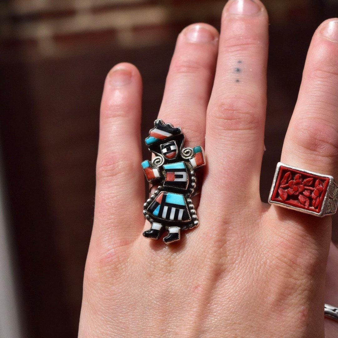 Vintage Signed GN Zuni Native American Rainbow Man Ring, Colorful Multi-Stone Inlay, Protective Symbol, Size 7 3/4 US