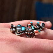 Vintage Signed GN Zuni Native American Rainbow Man Ring, Colorful Multi-Stone Inlay, Protective Symbol, Size 7 3/4 US