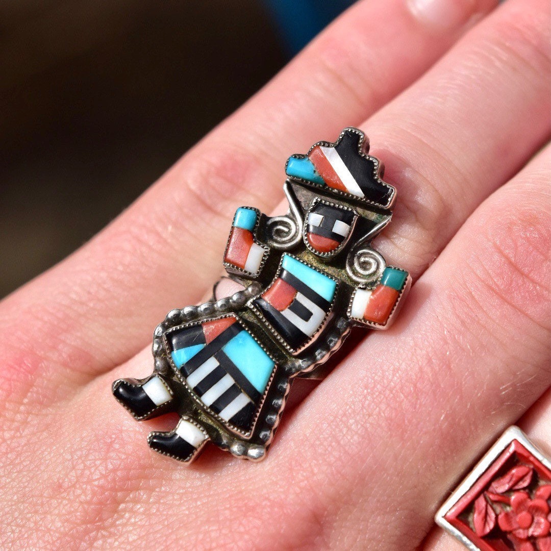 Vintage Signed GN Zuni Native American Rainbow Man Ring, Colorful Multi-Stone Inlay, Protective Symbol, Size 7 3/4 US