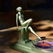 Vintage Rare Art Deco Weisbach Glass & Cast Metal Frankart Style Nude Ashtray, Green Painted Figure/Stand, Eclectic Home Decor