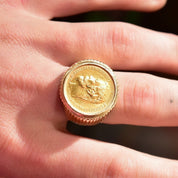 1900 Russian Coin Ring In Solid 14K Yellow Gold, Czar Nicholas II .900 Gold Rouble, Ridged Setting, Size 8 1/2 US