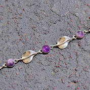 Vintage Sterling Silver Leaf & Amethyst Link Bracelet, Natural Purple Amethyst Cabochons, Bohemian Modernist Jewelry, Crystal Lovers, 8" L