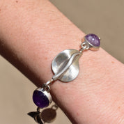 Vintage Sterling Silver Leaf & Amethyst Link Bracelet, Natural Purple Amethyst Cabochons, Bohemian Modernist Jewelry, Crystal Lovers, 8" L